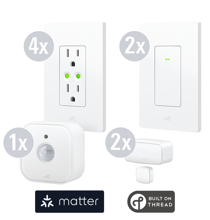 Two Room pack with 4 Eve Energy Outlet, 2 Eve Light Switch, 1 Eve Motion, 2 Eve Door & Window