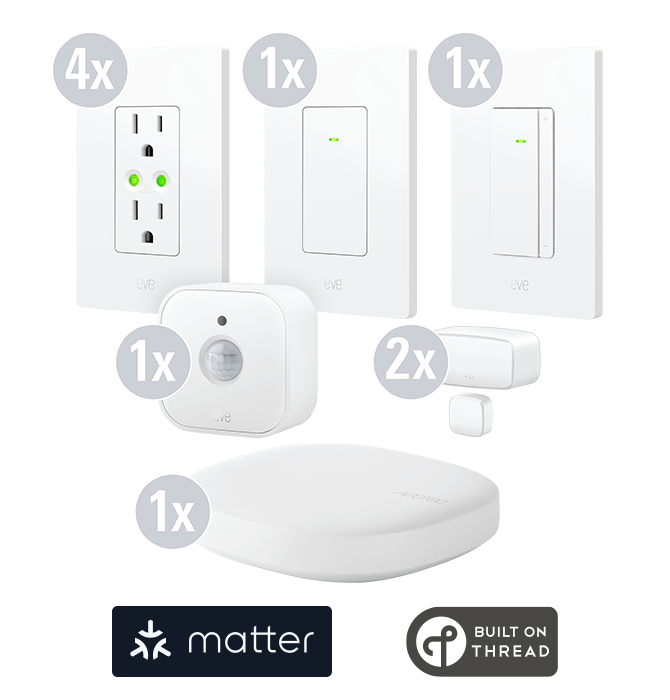 Eve Systems HomeSphere Starter pack with Eve Light Switch, Eve Dimmer Switch, Eve Energy Outlet, Eve Motion, Eve Door & Window and SmartThings hub