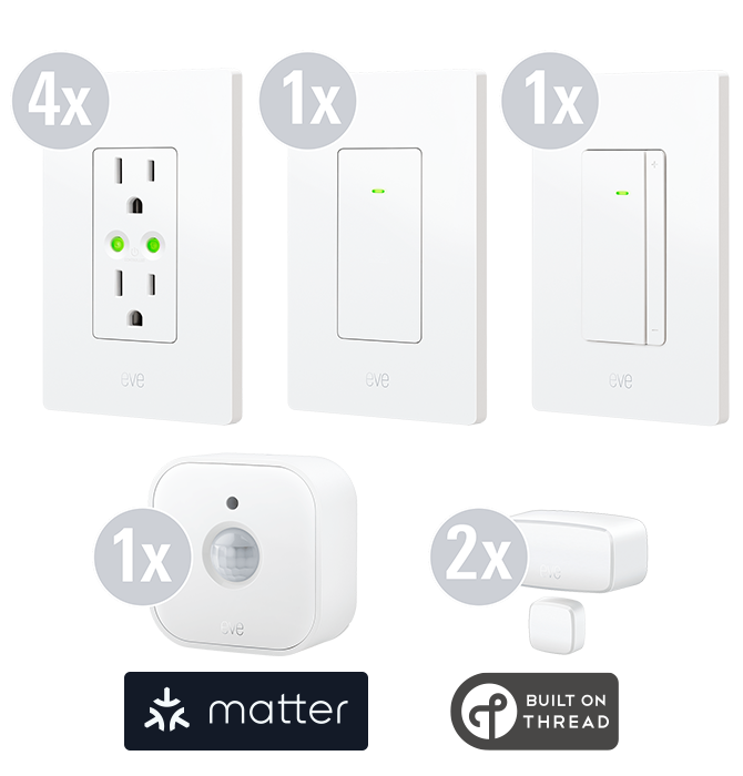 Two Room pack with 4 Eve Energy Outlet, 1 Eve Light Switch, 1 Eve Dimmer Switch, 1 Eve Motion, 2 Eve Door & Window