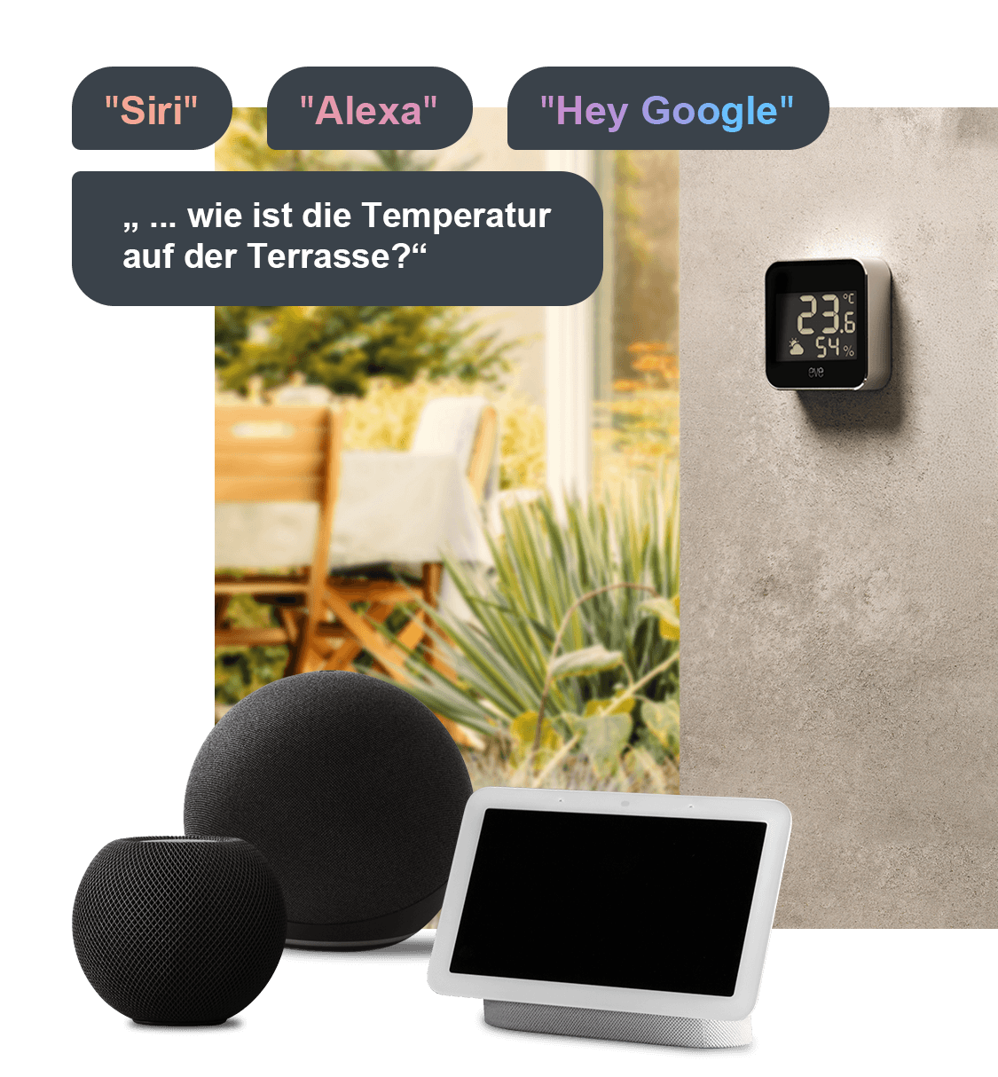 Voice control Eve Aqua "Siri, Alexa, hey Google..." "...what’s the temperature on the patio?"