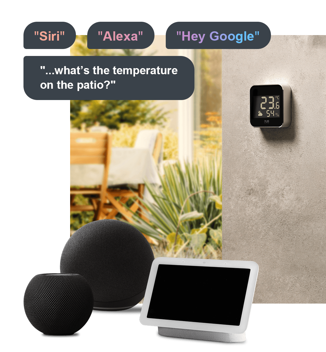 Voice control Eve Aqua "Siri, Alexa, hey Google..." "...what’s the temperature on the patio?"