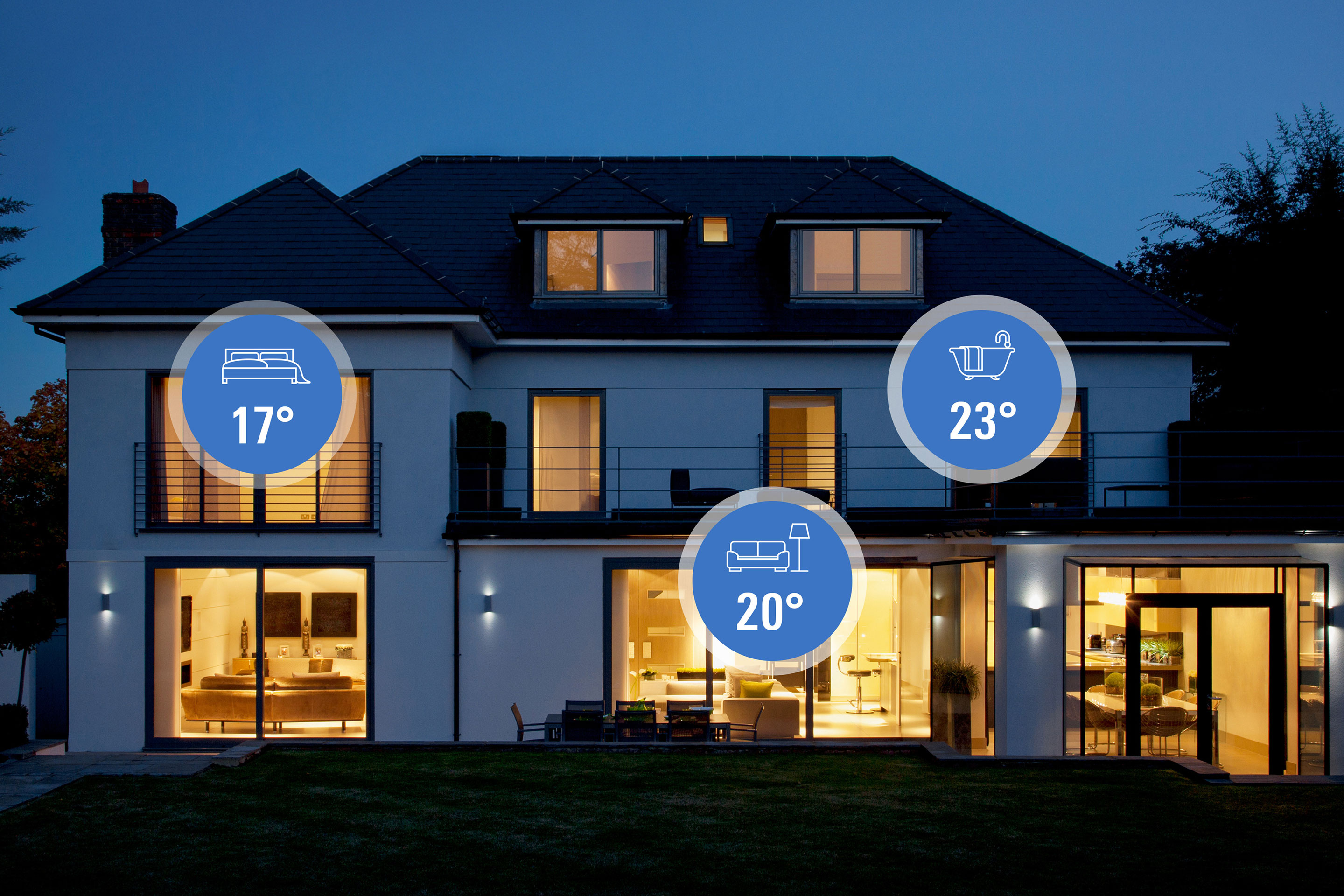Eve Thermostat: Bild eines beleuchteten Hauses mit Icons für unterschiedliche Temperaturen in verschiedenen Räumen. Eve Thermostat steuert präzise die Temperatur in unterschiedlichen Räumen, wie Bad, Wohnzimmer, Schlafzimmer