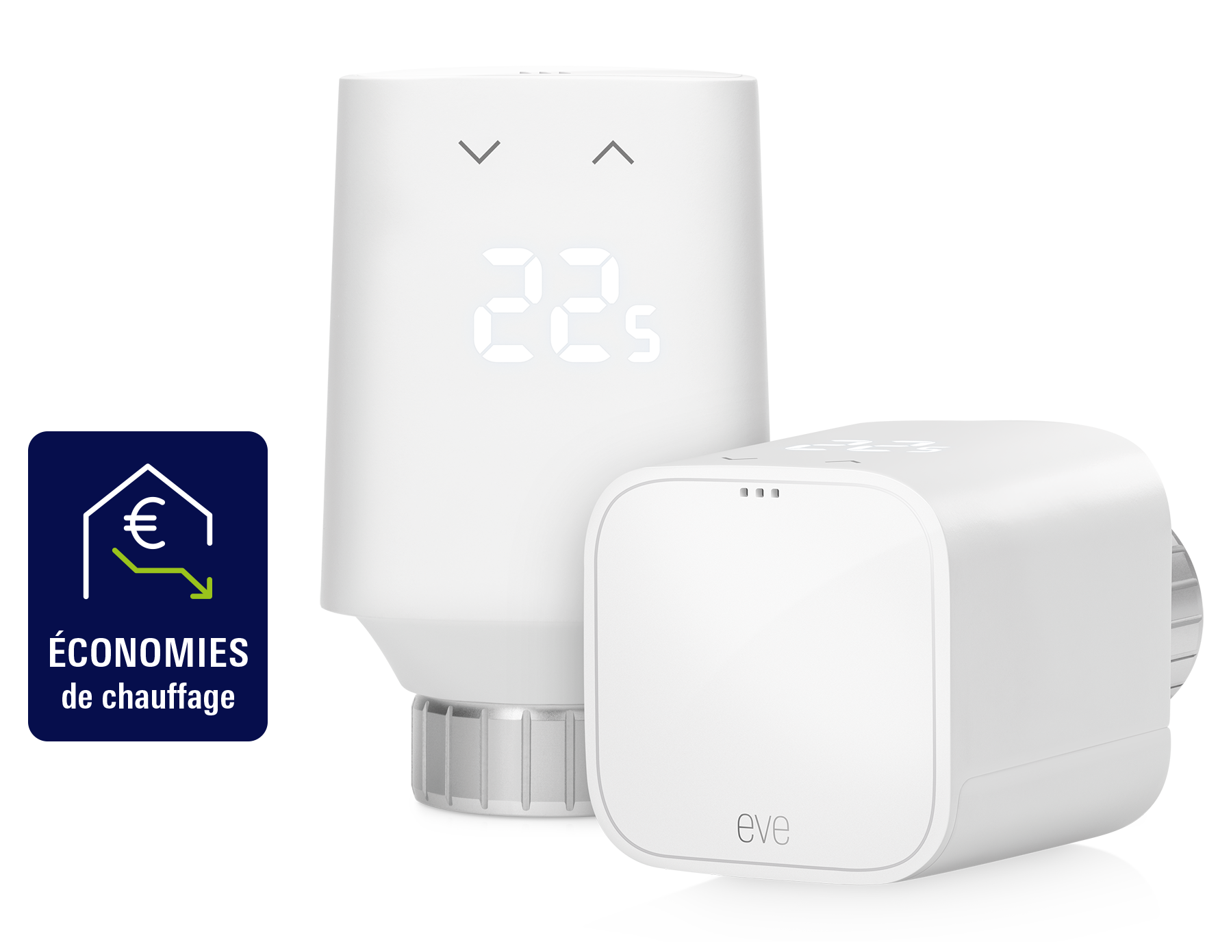 Thermostat connecté Eve Thermo blanc avec affichage de 22,5 °C, accompagné d’une indication d’économies de chauffage.