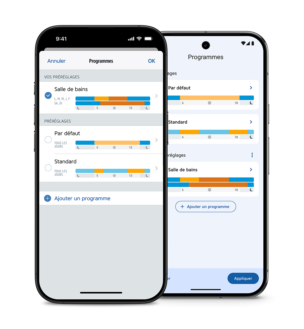 Deux smartphones affichant l’application Eve avec les programmations d’Eve Thermo pour iOS et Android.