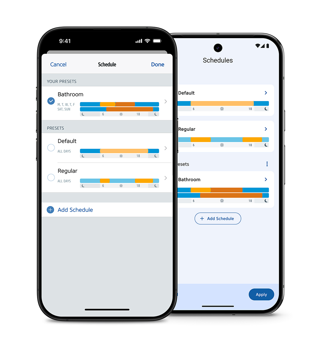 Two smartphones showing the Eve app showing schedules for Eve Thermo for iOs and Android