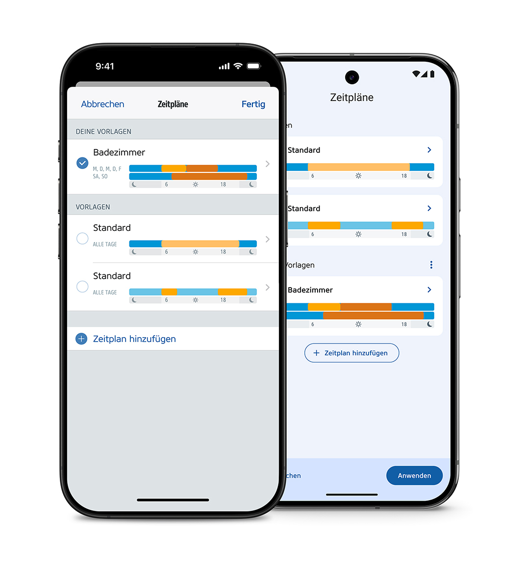Zwei Smartphones zeigen Eve Thermo Zeitpläne für iOS und Android