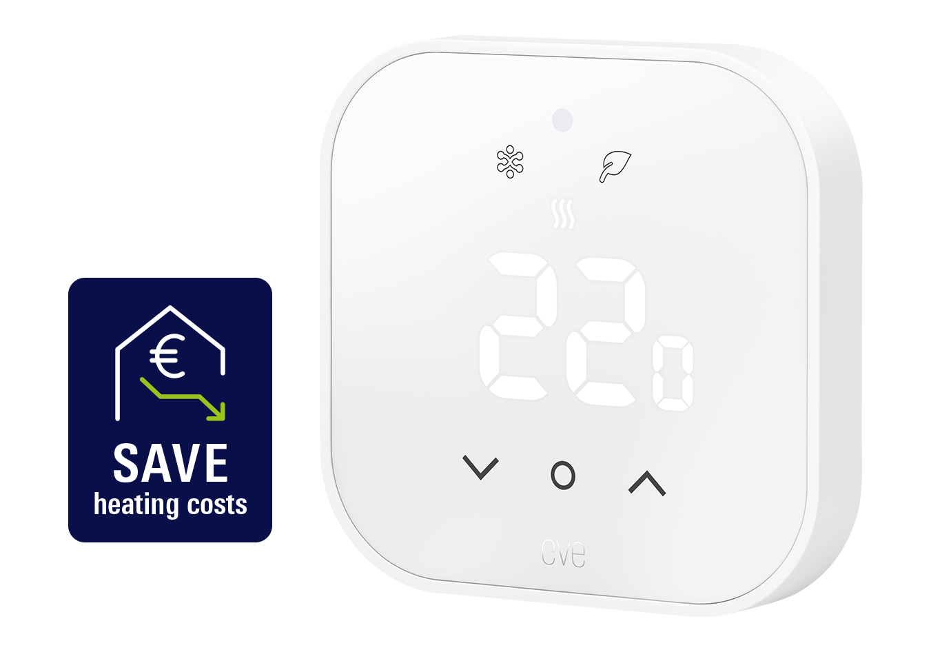 Eve smart thermostat displaying 22 °C with heating and energy-saving symbols.