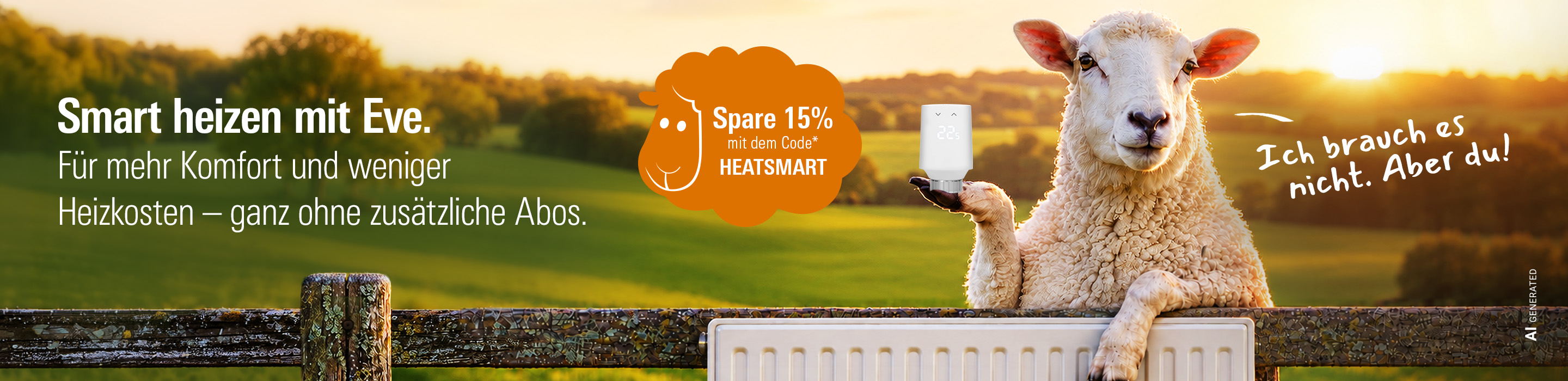 Schaf mit Eve Heizkörperthermostat auf einem Heizkörper – smart heizen mit Eve, mehr Komfort und weniger Heizkosten ohne zusätzliche Abos. Spare 15% mit dem Code* HEATSMART