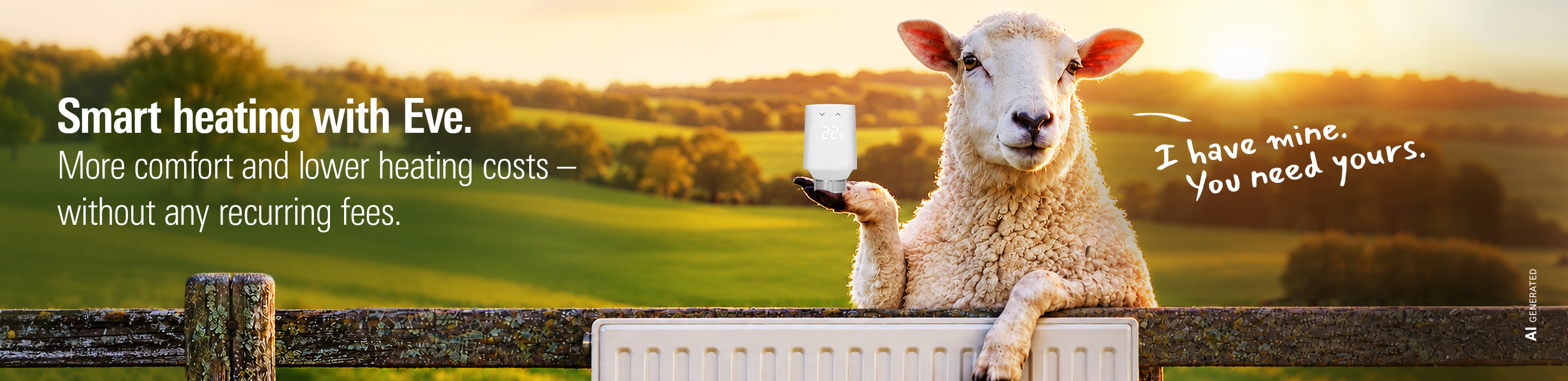 Promotional banner with a sheep in a field and text about smart heating with Eve