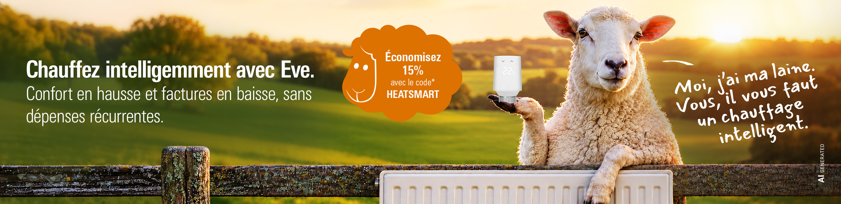 Bannière avec un alpaga dans un pré et texte promotionnel économisez 15% avec le code* HEATSMART