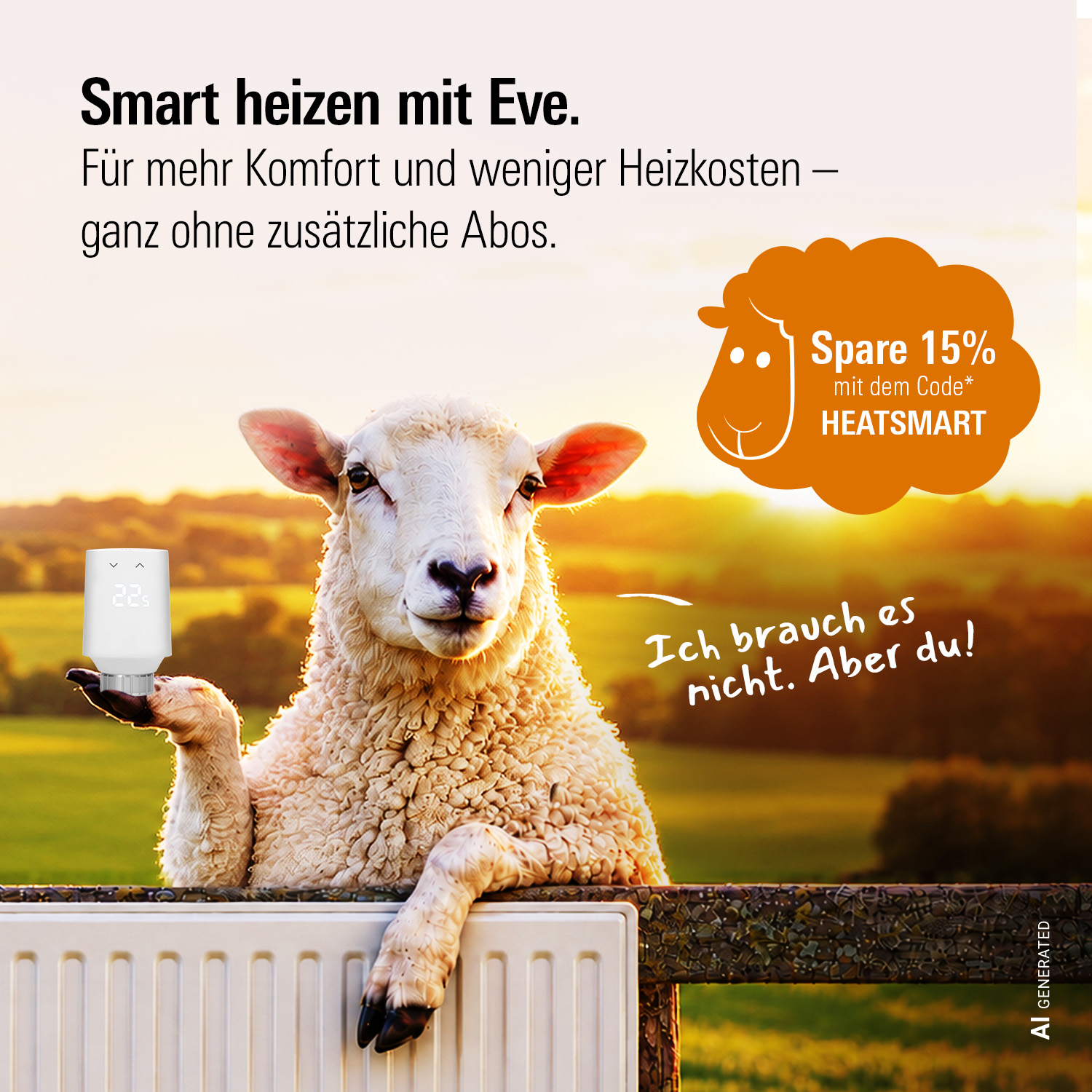 Werbegrafik mit Schaf am Heizkörper; Text „Smart heizen mit Eve“, „Spare 15% Heizsmart“Schaf mit Eve Heizkörperthermostat auf einem Heizkörper – smart heizen mit Eve, mehr Komfort und weniger Heizkosten ohne zusätzliche Abos. Spare 15% mit dem Code* HEATSMART