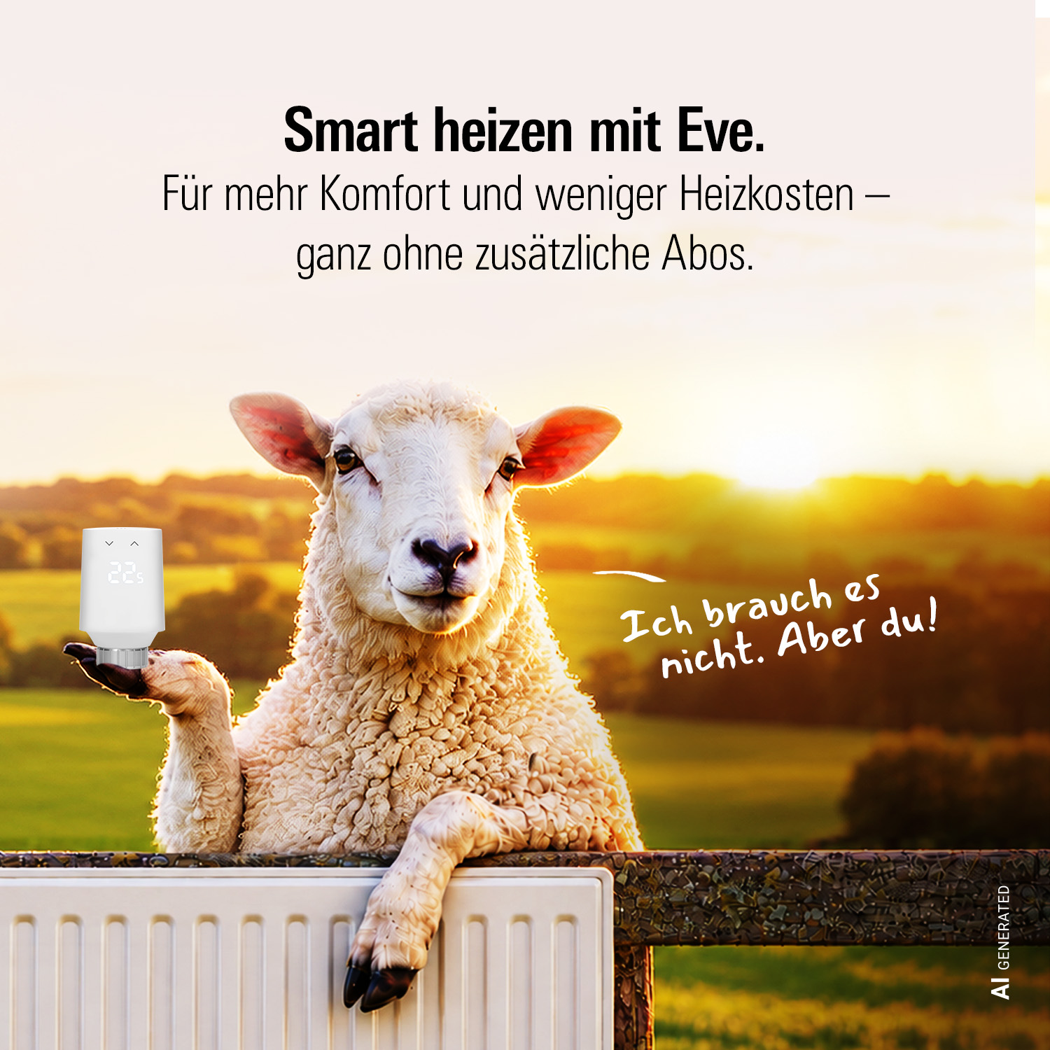 Schaf liegt auf einem Heizkörper vor einem Fenster, darüber Text für Smartes Heizen mit Eve