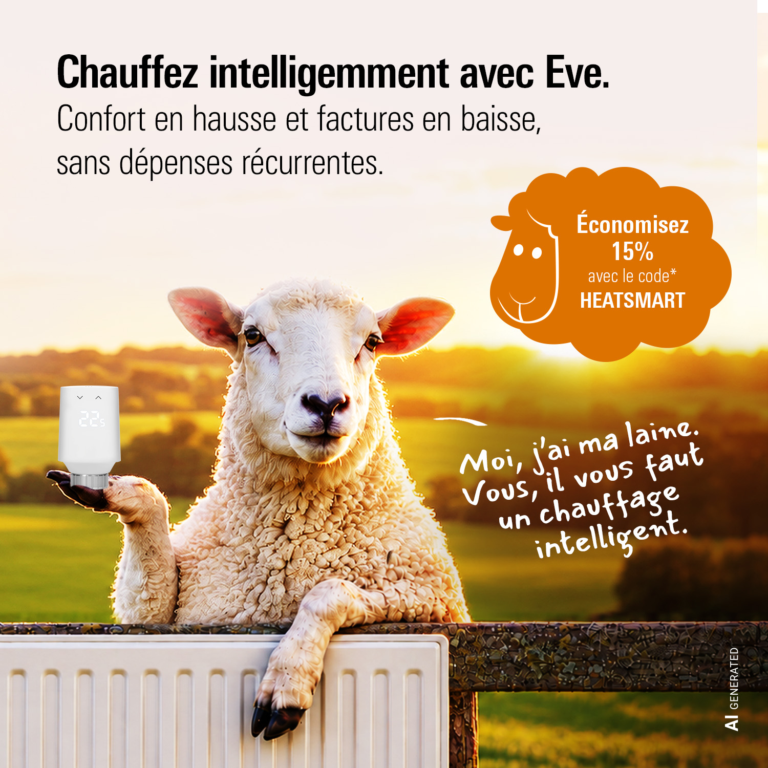 Bannière avec un alpaga dans un pré et texte promotionnel économisez 15% avec le code* HEATSMART