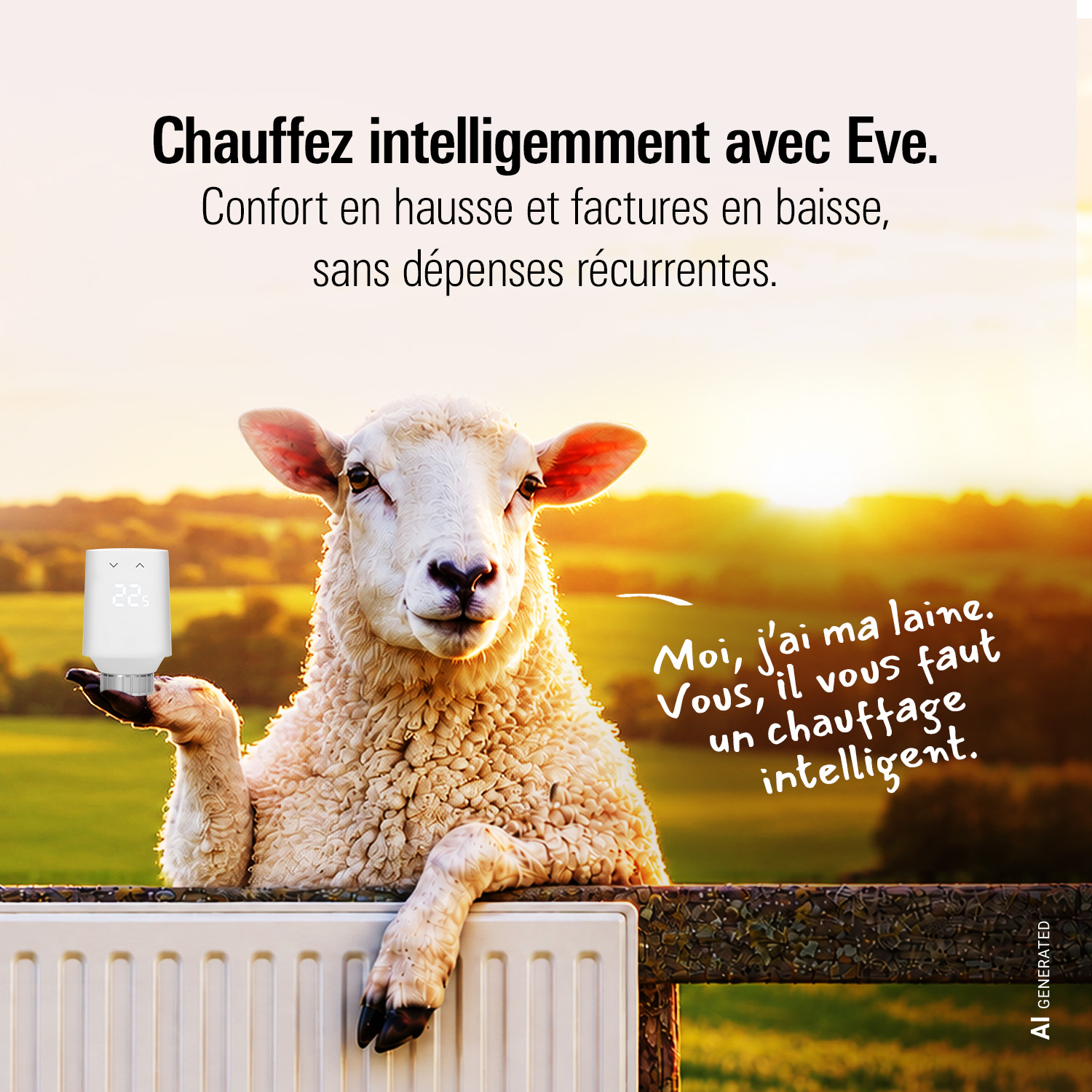 Chèvre et agneau derrière une barrière, texte publicitaire sur fond de campagne