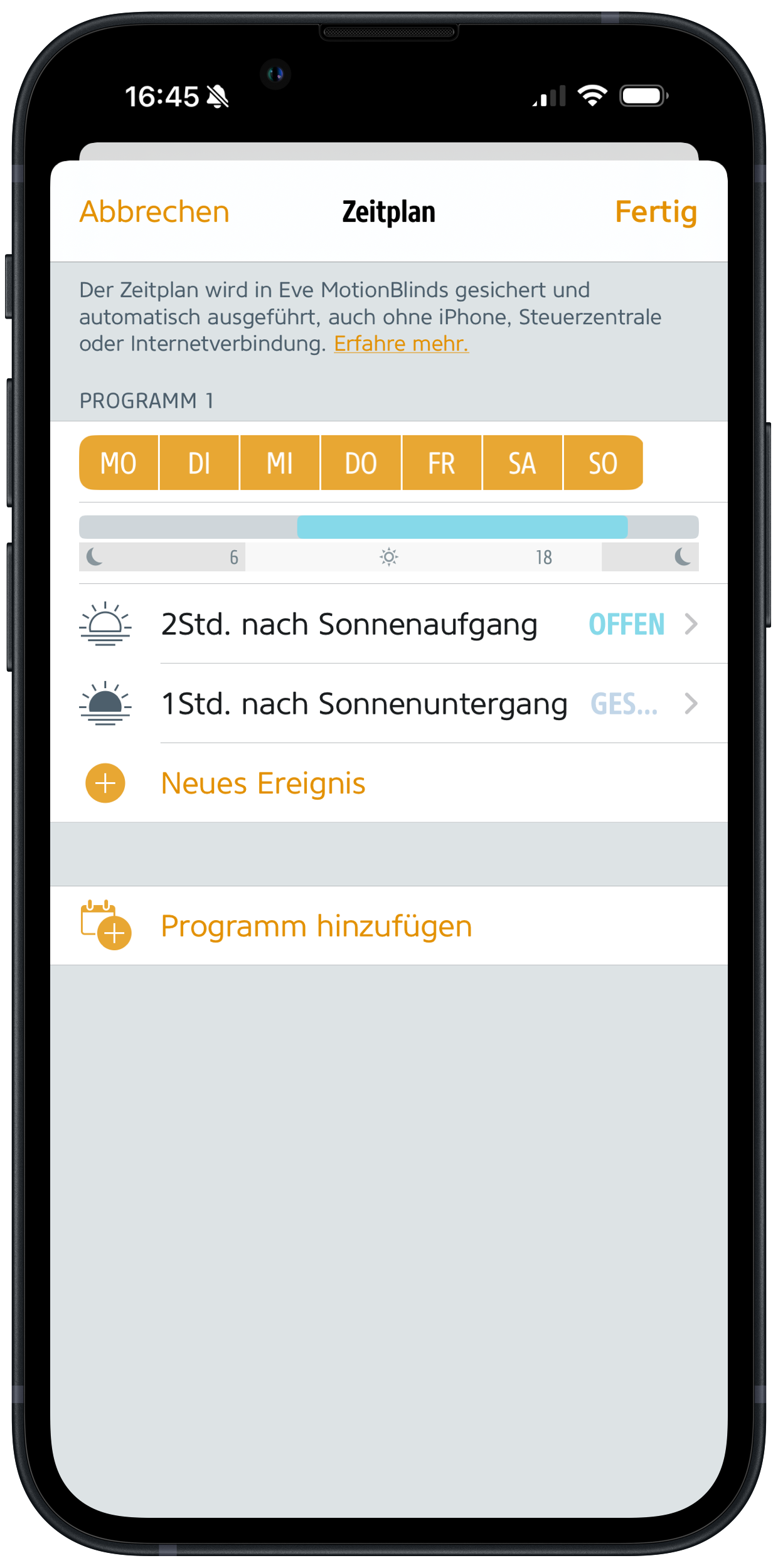 Smartphone mit Eve App-Zeitplan