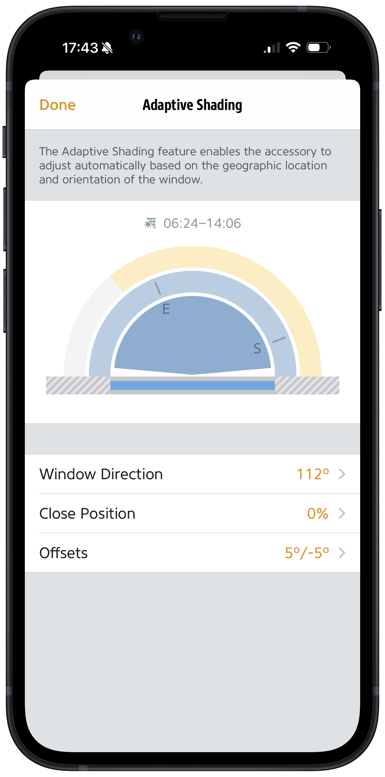 Smartphone screen showing a blind direction and open position settings panel
