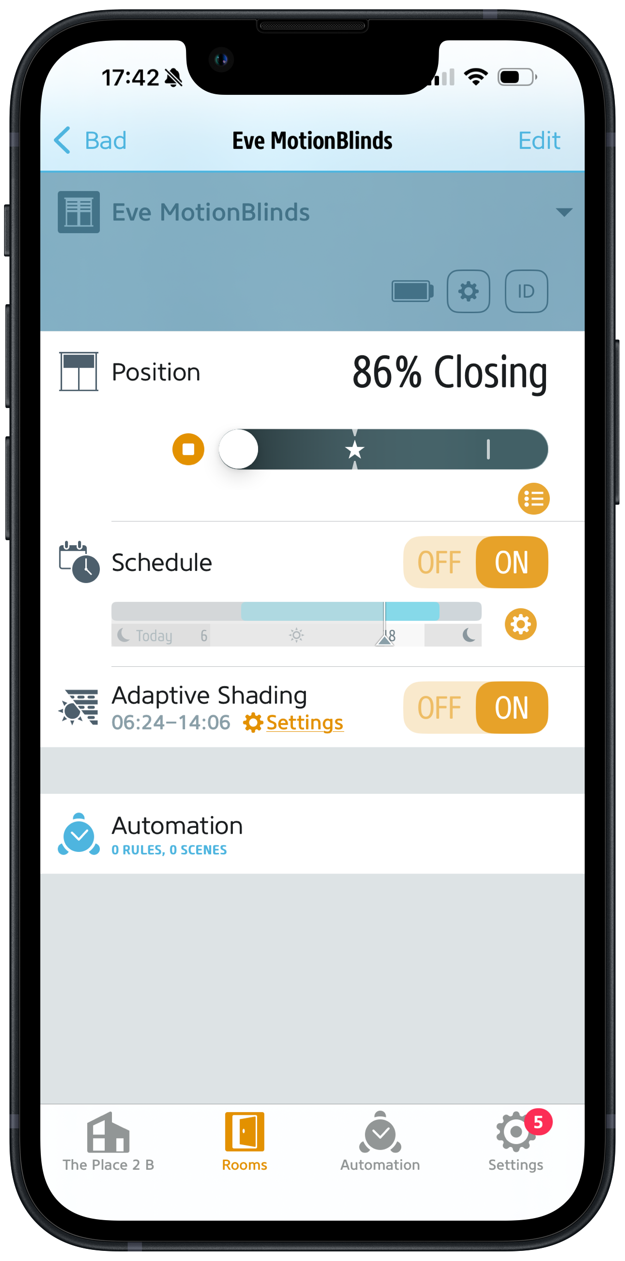 Smartphone screen showing blinds app with 86% closing and scheduling options